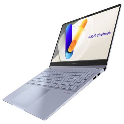 Ein silberner ASUS Vivobook Laptop mit schlankem Design, geöffnet, um seinen Bildschirm anzuzeigen, der eine lebendige abstrakte Form und den Text 'ASUS Vivobook' zeigt.
