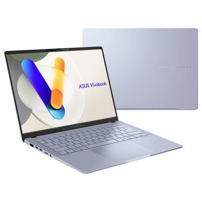 ASUS Vivobook Laptop aufgeklappt mit farbenfrohem Bildschirmdesign, das das schlanke Design und das hellblaue Gehäuse hervorhebt.