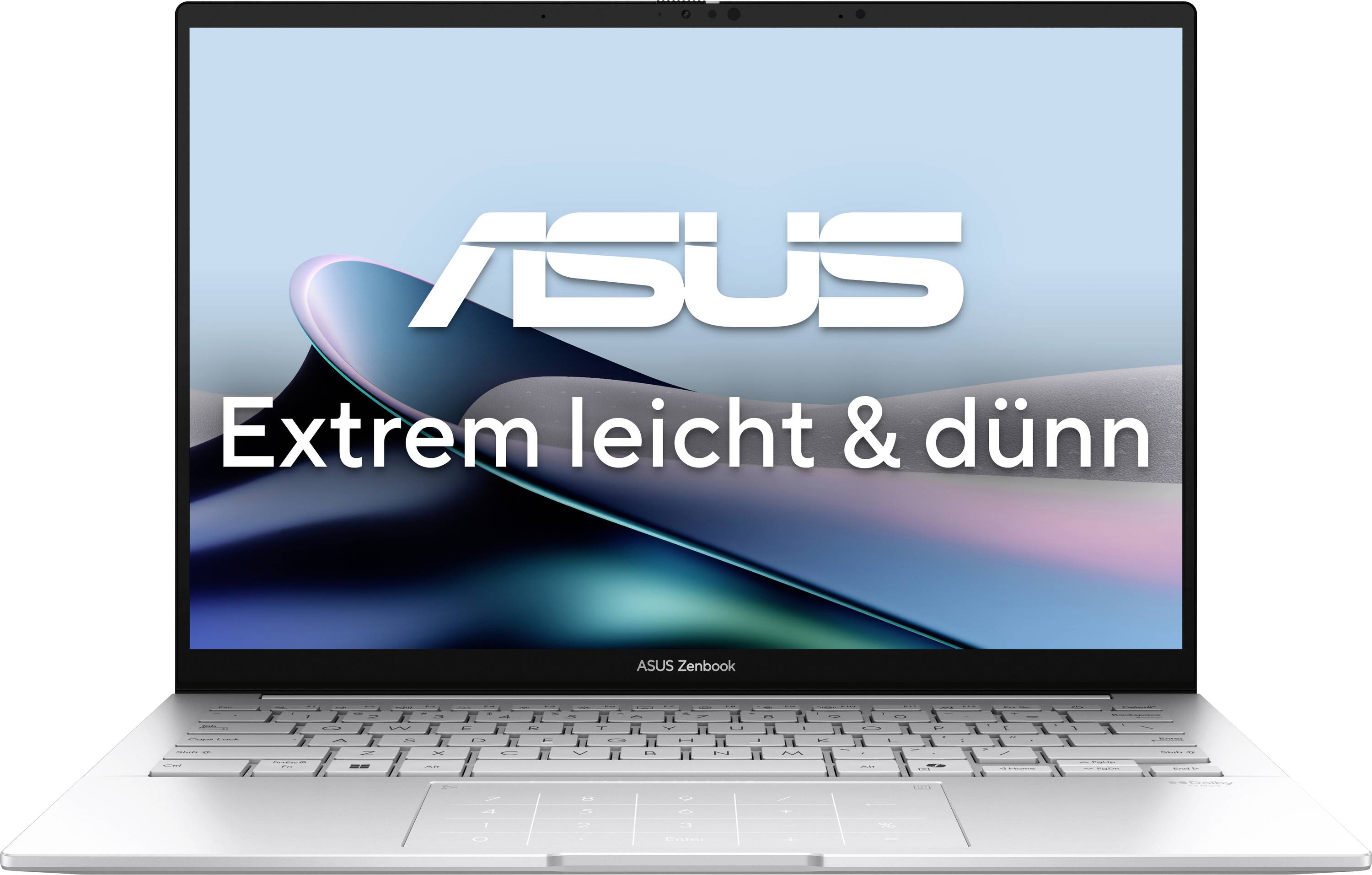 Ein Laptop zeigt das ASUS-Logo auf dem Bildschirm mit dem Text „Extrem leicht & dünn". Der Laptop ist silberfarben und hat ein schlankes, modernes Design.