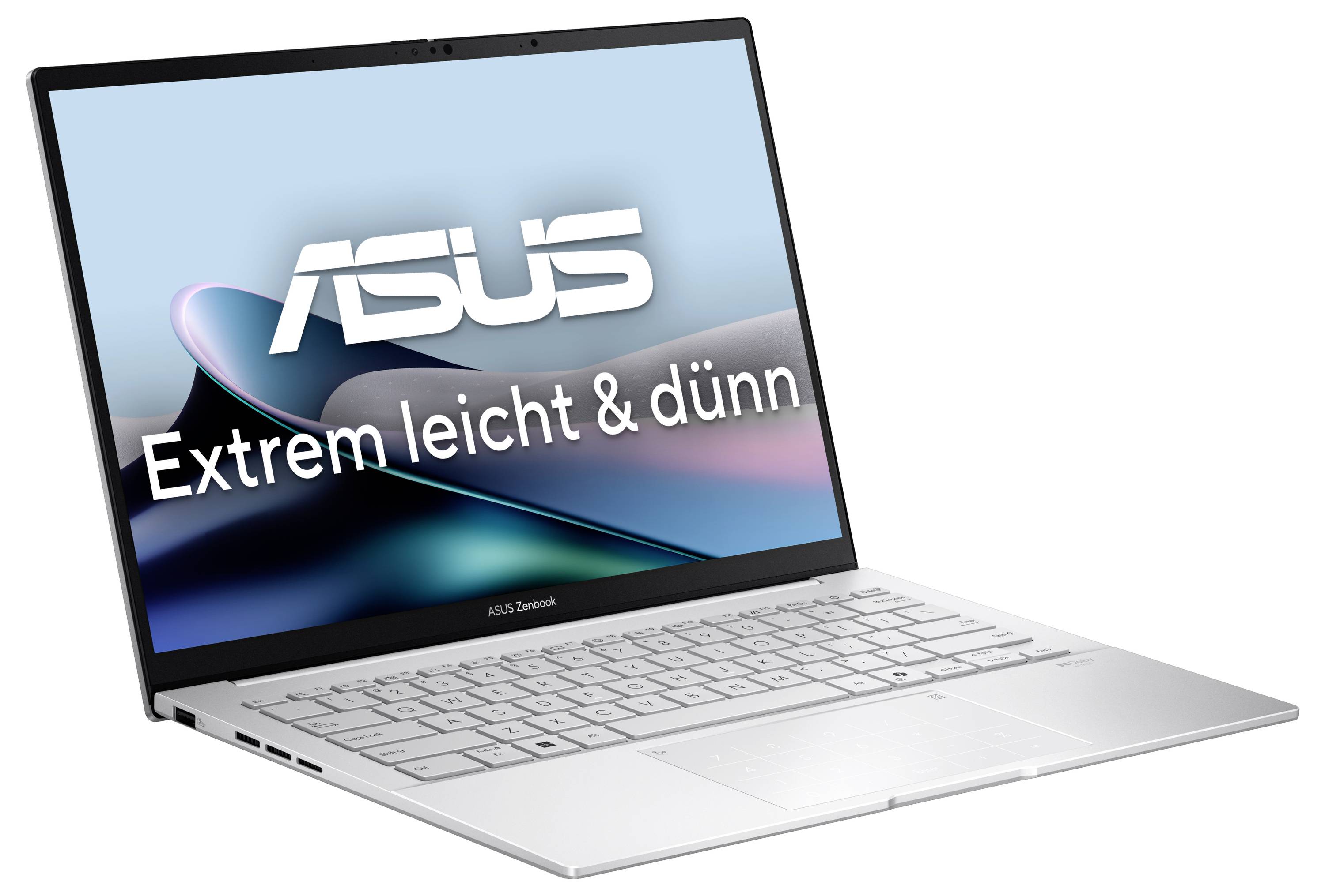 Ein silberner Laptop mit der Aufschrift „ASUS Extrem leicht & dünn" auf seinem Bildschirm, die sein dünnes und leichtes Design hervorhebt.