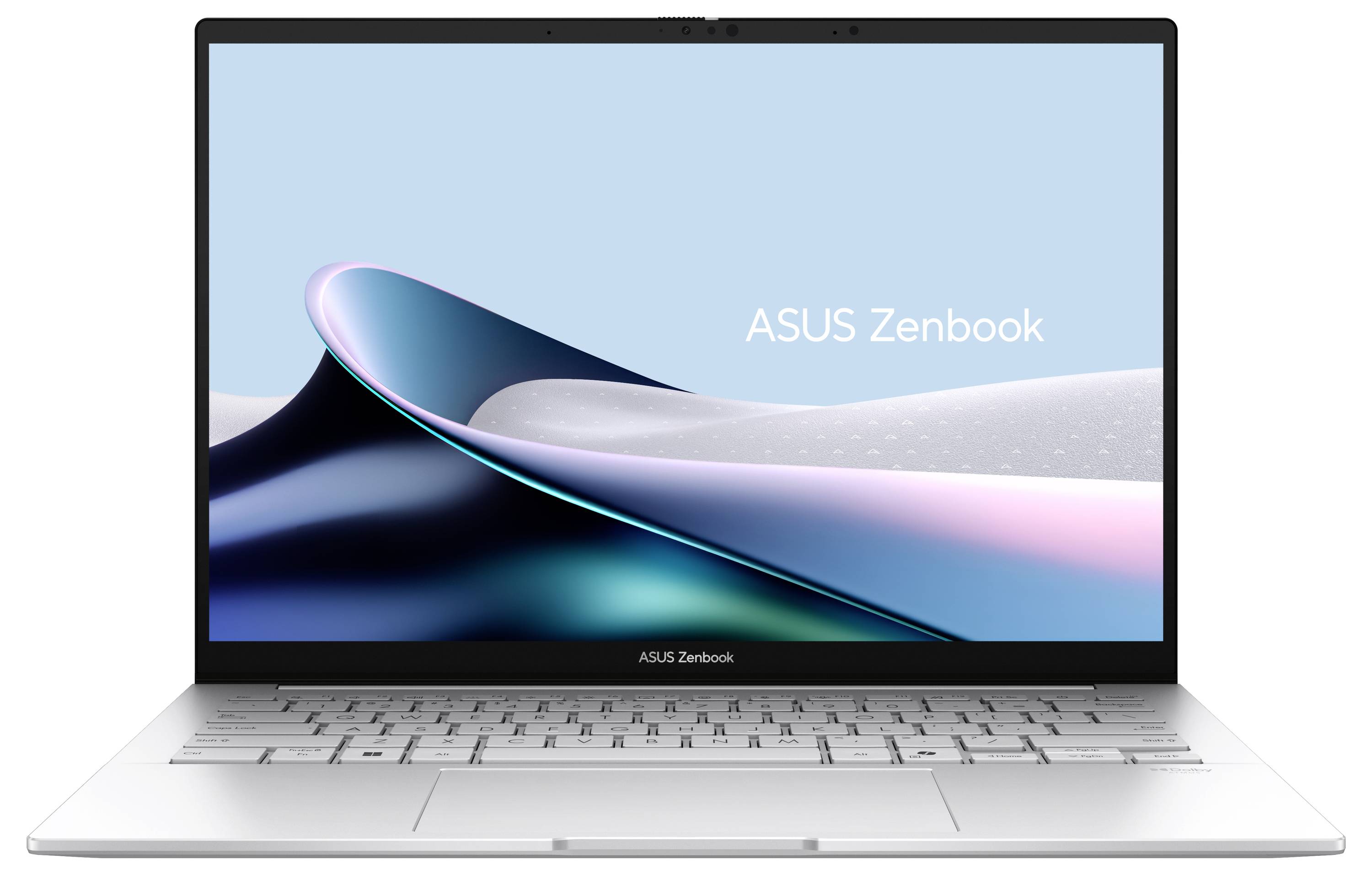 Ein Laptop zeigt den Text „ASUS Zenbook" auf seinem Bildschirm. Der Bildschirm präsentiert ein elegantes, abstraktes Design mit blauen und rosa Kurven.
