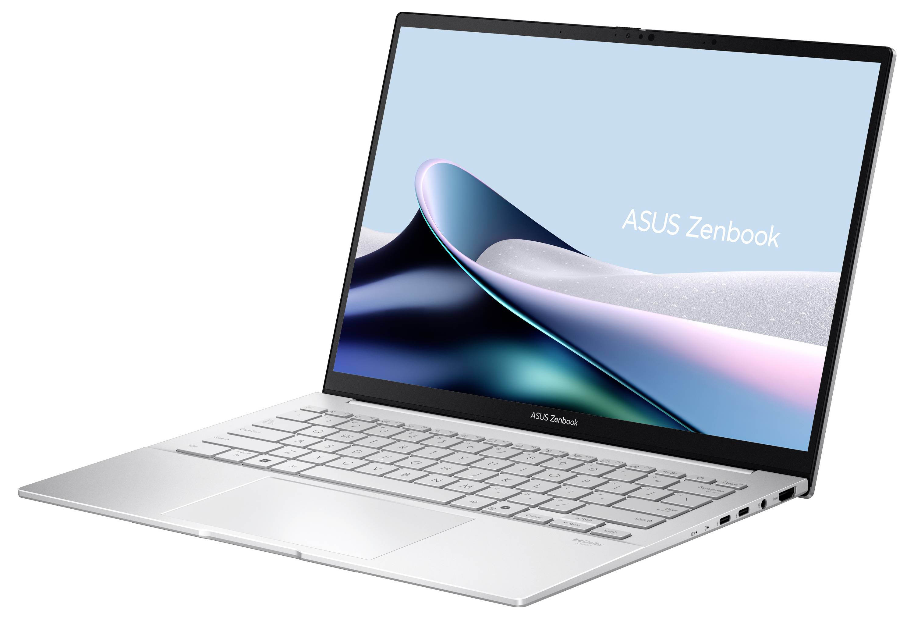 Silberner ASUS Zenbook-Laptop mit schlankem Design, aufgeklappt und nach vorne ausgerichtet. Der Bildschirm zeigt ein wellenförmiges abstraktes Bild und den Text „ASUS Zenbook".