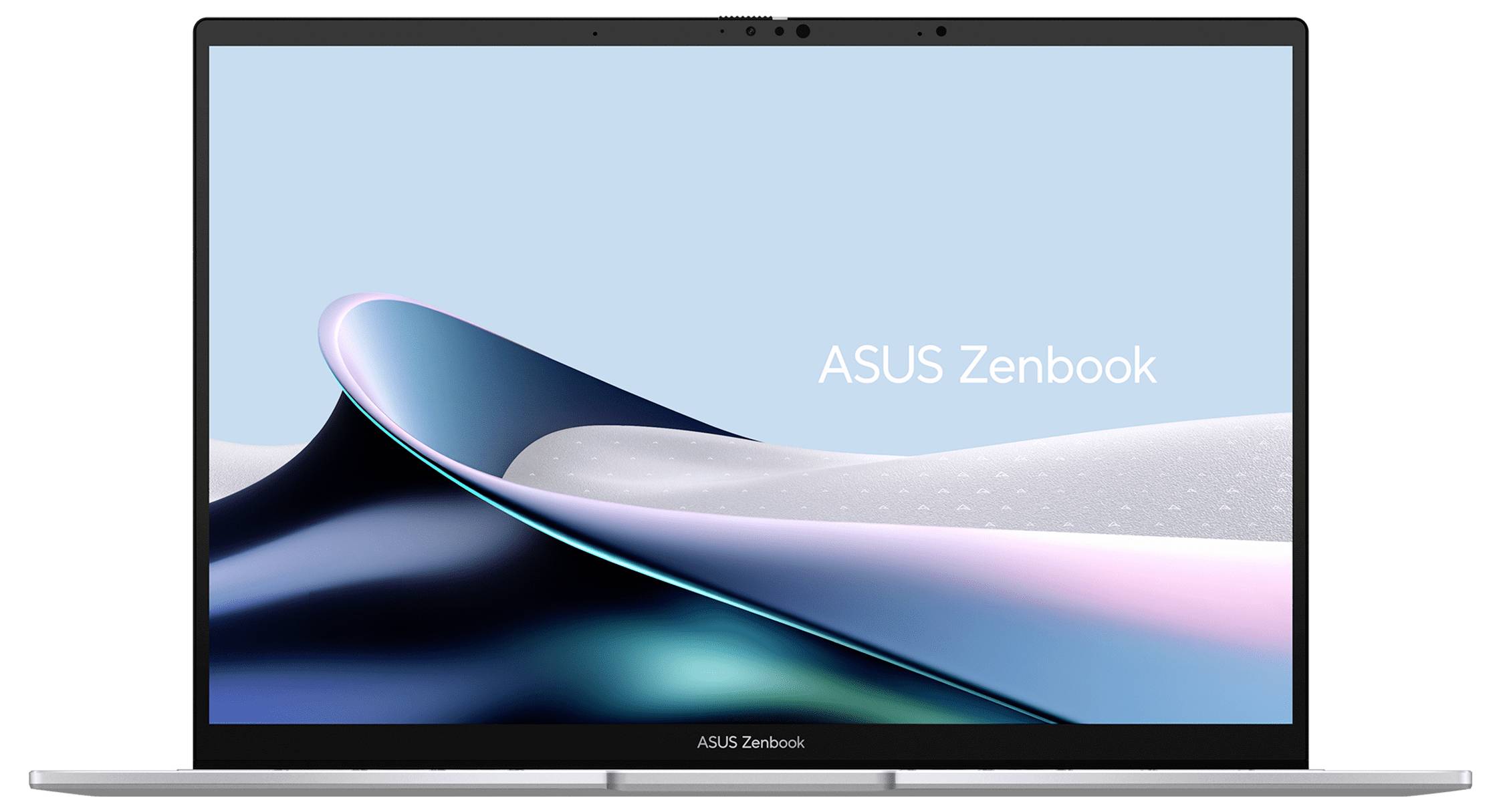 ASUS Zenbook Laptop mit einem farbenfrohen wellenähnlichen Design auf dem Bildschirm vor einem hellblauen Hintergrund.