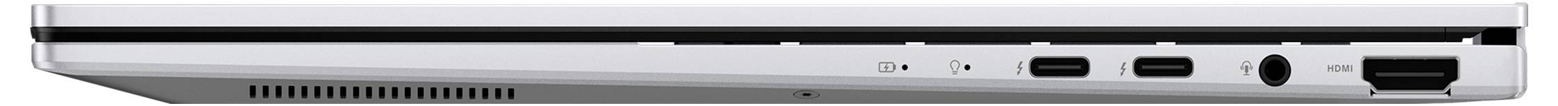 Seitenansicht eines geschlossenen Laptops mit Belüftung, USB-Anschlüssen und einer Kopfhörerbuchse auf der rechten Seite.