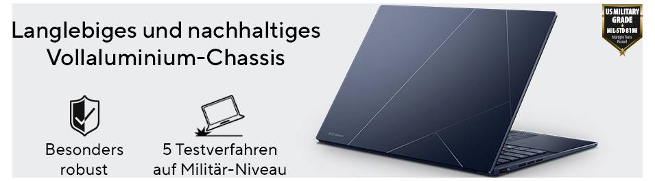 Ein eleganter Laptop mit dunklem Aluminium-Gehäuse wird präsentiert. Der Text hebt seine Langlebigkeit und fünf Tests nach Militärstandard zur Überprüfung der Robustheit hervor.