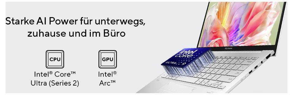 "Starke KI-Leistung unterwegs, zu Hause und im Büro." Laptop mit farbenfrohem Bildschirm. Icons für Intel Core Ultra Series 2 CPU, Intel Arc GPU.