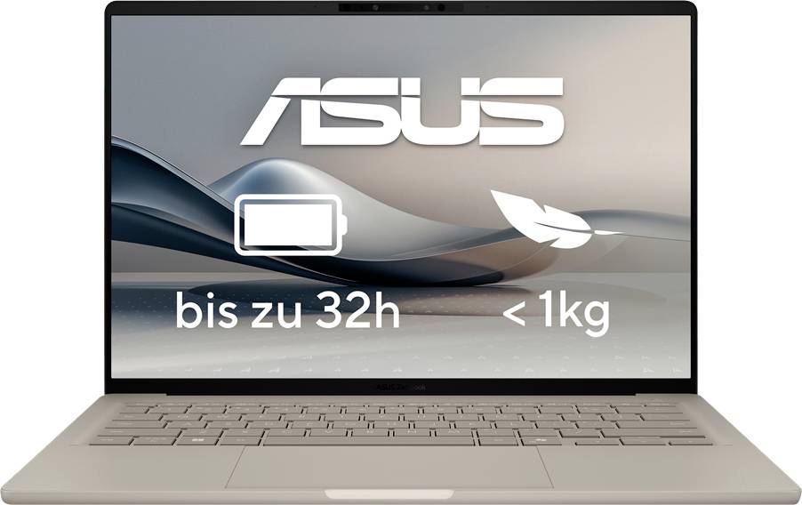 Ein Laptop mit dem "ASUS"-Logo auf dem Bildschirm, mit Symbolen für "bis zu 32 Stunden" Akkulaufzeit und "weniger als 1 kg" Gewicht.