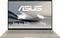 Ein Laptop mit dem "ASUS"-Logo auf dem Bildschirm, mit Symbolen für "bis zu 32 Stunden" Akkulaufzeit und "weniger als 1 kg" Gewicht.