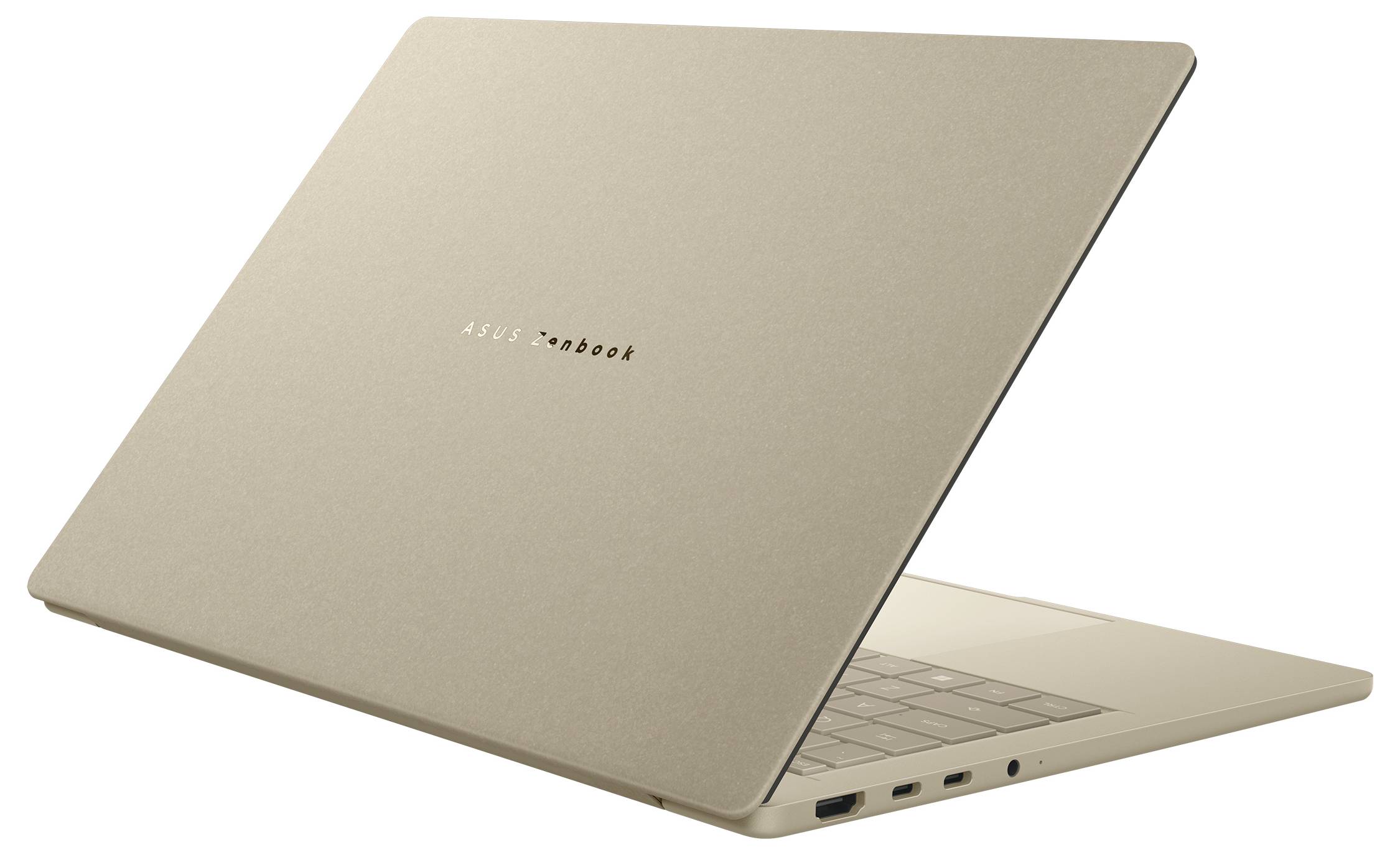 Ein gold-farbener Laptop von hinten betrachtet, auf dem das Logo "ASUS Zenbook" angezeigt wird. Das Gerät ist leicht geöffnet und zeigt minimale Tastaturdetails.