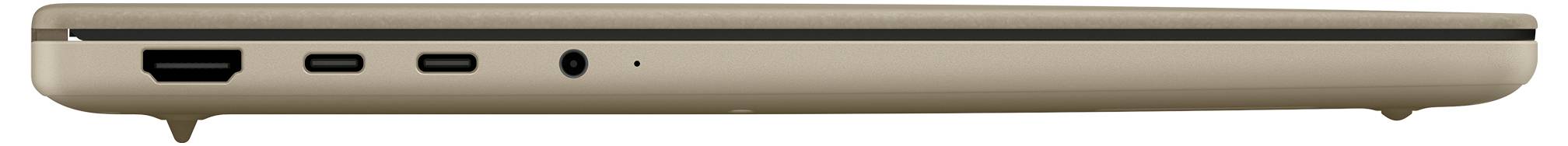 Ein geschlossenes, schlankes Gold-Laptop von der Seite betrachtet, das seine Anschlüsse zeigt, darunter USB, HDMI und Kopfhörerbuchse.