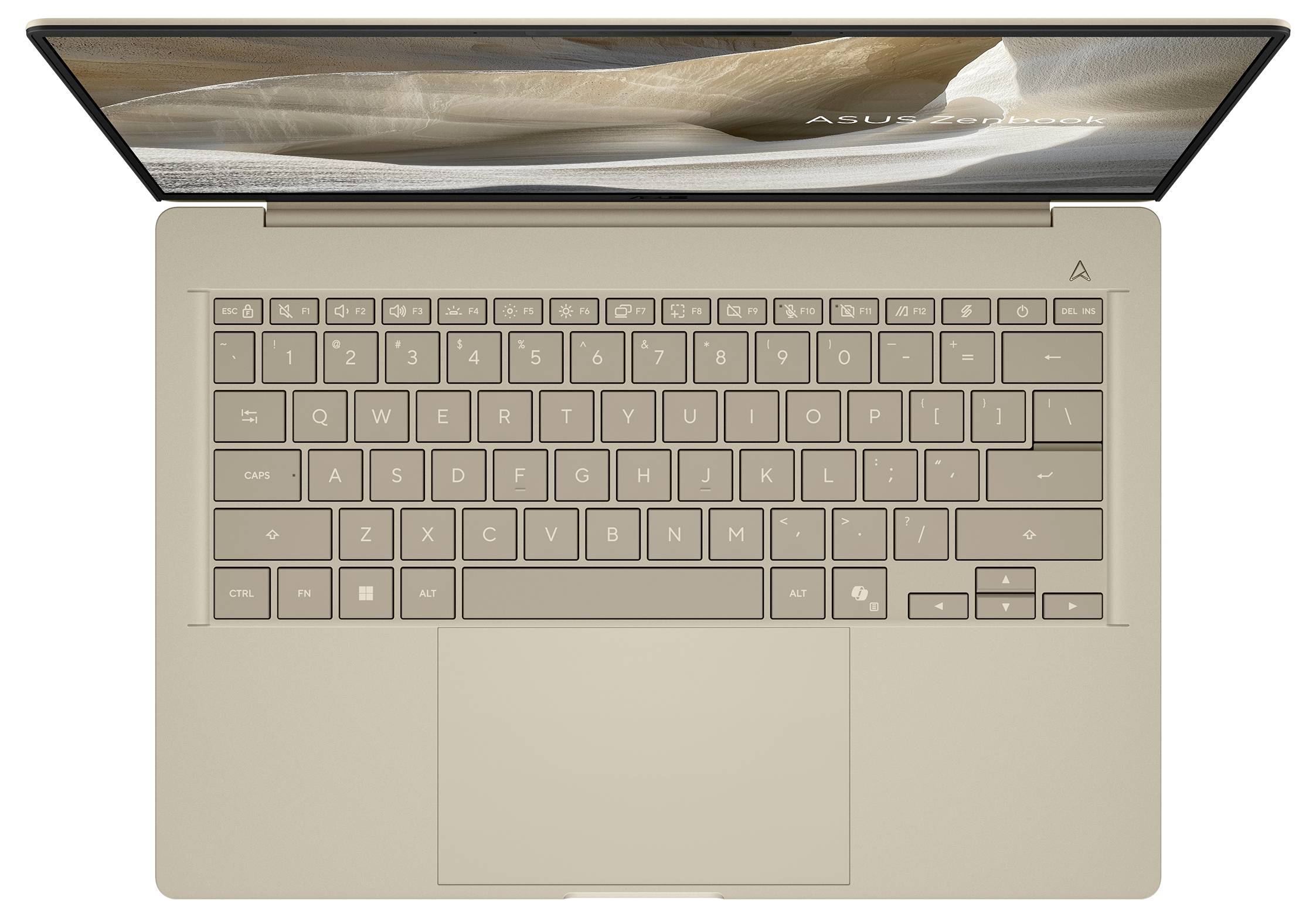 Draufsicht auf einen beigen Laptop mit sichtbarer Tastatur und Touchpad. Der Bildschirm zeigt eine unscharfe Wüstenlandschaft mit dem ASUS-Logo.