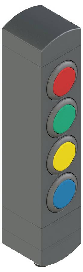 Rechteckiger Pfosten mit vier vertikalen Knöpfen: rot, grün, gelb und blau, wahrscheinlich für interaktive oder Steuerzwecke.