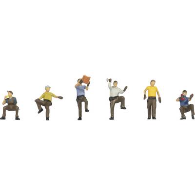 Sechs Miniaturfiguren in verschiedenen Arbeitsposen: trinkend, einen Plan lesend, mit einem Schraubenschlüssel, ein Werkzeug nutzend, stehend und sich den Schweiß wischend.