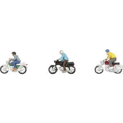Drei Miniaturenfiguren fahren Motorräder, jede trägt ein Hemd in einer anderen Farbe: graues, blaues und gelbes Hemd, auf weißen und schwarzen Motorrädern.