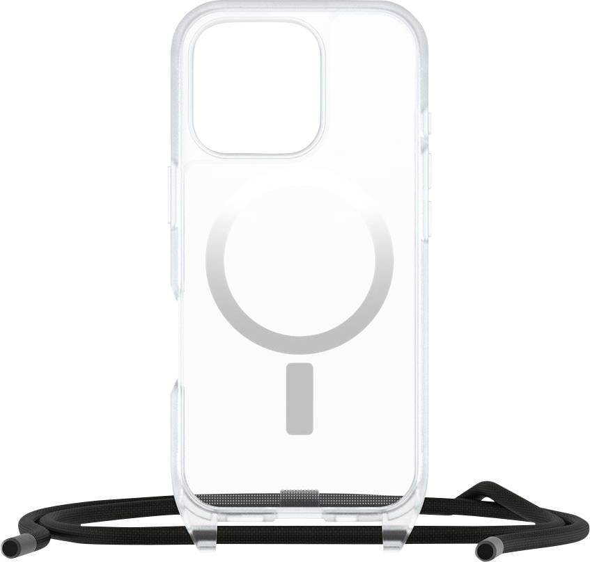 Transparente Smartphone-Schutzhülle mit einem MagSafe-ähnlichen Ring und angehängtem schwarzem Trageriemen/Umhängeband, frontal vor weißem Hintergrund dargestellt.