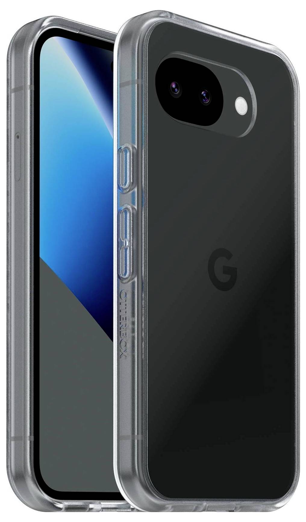 Zwei Smartphones in durchsichtigen Schutzhüllen sind aufrecht angeordnet. Ein Telefon zeigt seinen Bildschirm, während das andere die Rückseite mit einer Kamera und einem "G"-Logo anzeigt.