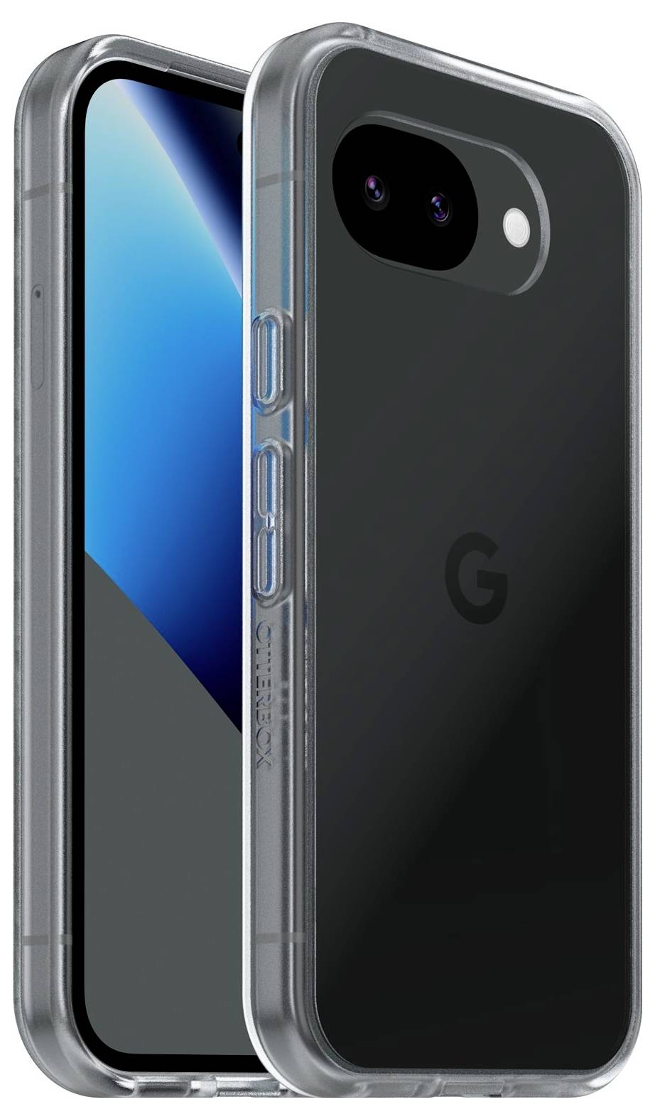 Ein schwarzes Google Pixel-Telefon in einer durchsichtigen Schutzhülle, angewinkelt, um das rückwärtige Kameramodul und das „G"-Logo zu zeigen.