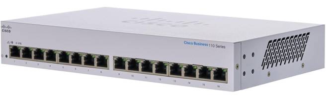 Ein Cisco Business 110 Series Netzwerk-Switch mit sechzehn Ethernet-Ports wird gezeigt. Er ist für Geschäftsnetzwerk- und Datenverwaltungsaufgaben konzipiert.