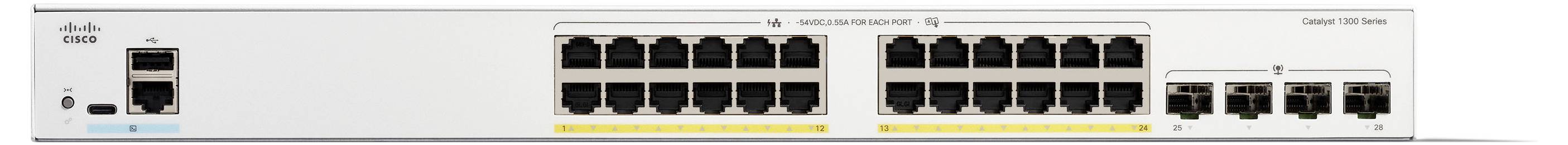 „Cisco 350er Serie verwalteter Switch" mit mehreren Ethernet-Anschlüssen und SFP-Slots für Netzwerkflexibilität, von vorne dargestellt.