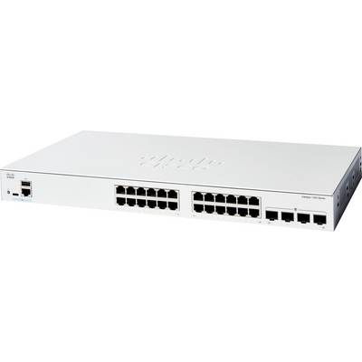Netzwerk-Switch mit 24 Ethernet-Anschlüssen, 4 SFP-Anschlüssen und einem Management-Port auf einem weißen rechteckigen Gehäuse, von vorne betrachtet.