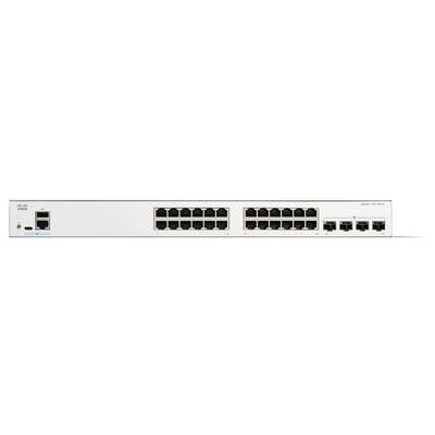 Netzwerkschalter mit mehreren Ethernet-Anschlüssen, einem USB-Anschluss und Glasfaseranschlüssen auf weißem Hintergrund.