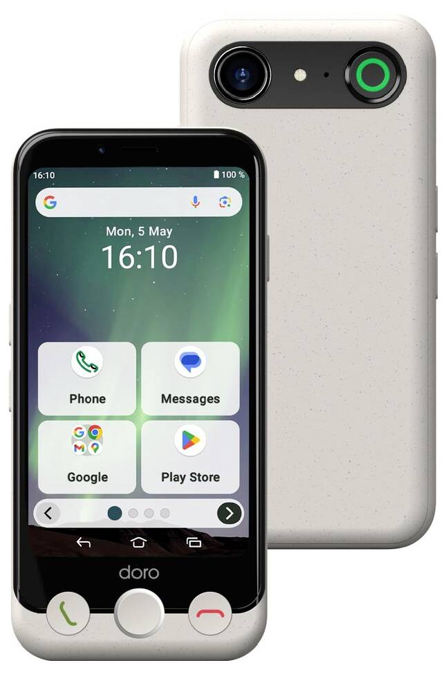 Smartphone mit großen Symbolen auf dem Bildschirm angezeigt. Symbole enthalten 'Telefon', 'Nachrichten', 'Google' und 'Play Store'. Das angezeigte Datum ist 'Mo., 5. Mai'.
