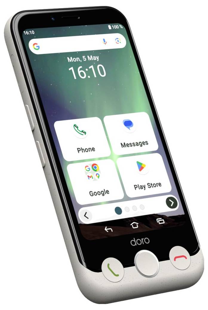 Ein Smartphone mit einer vereinfachten Benutzeroberfläche, die große Symbole für Telefon, Nachrichten, Google und Play Store anzeigt, mit Uhrzeit und Datum oben.