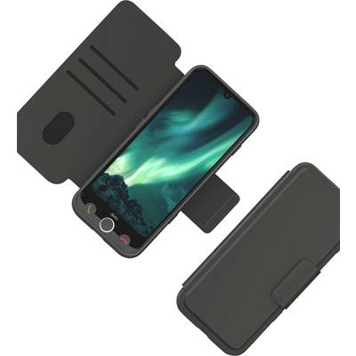 Ein Smartphone in einer schwarzen Klapphülle zeigt ein Bild des Nordlichts auf seinem Bildschirm. Die Hülle ist offen und zeigt Kartensteckplätze.