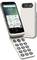 Ein Klapp-Smartphone mit großen Tasten und einem Bildschirm, auf dem Symbole für „Telefon", „Nachrichten", „Google" und „Play Store" angezeigt werden, mit der Uhrzeit 16:10.