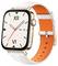 Eine Smartwatch mit quadratischem Goldgehäuse und weißem Zifferblatt, das die analoge Zeit mit römischen Ziffern anzeigt. Sie hat ein weiß-oranges Armband.
