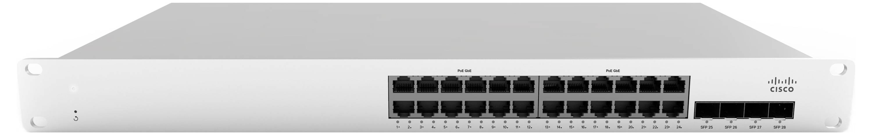 Netzwerk-Switch mit 24 Ethernet-Anschlüssen und 4 SFP-Anschlüssen in standardisiertem Rack-Mount-Design.