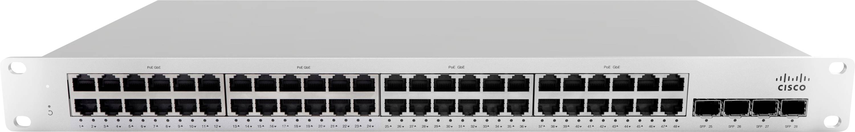 Ein Netzwerk-Switch mit 48 Ethernet-Anschlüssen und Cisco-Branding; wird zum Verbinden mehrerer Geräte in einem Netzwerk verwendet.