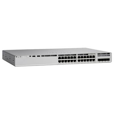 Ein silberner Netzwerk-Switch mit 24 Ethernet-Anschlüssen und vier zusätzlichen größeren Anschlüssen auf der rechten Seite, entwickelt für die Konnektivität in Rechenzentren.
