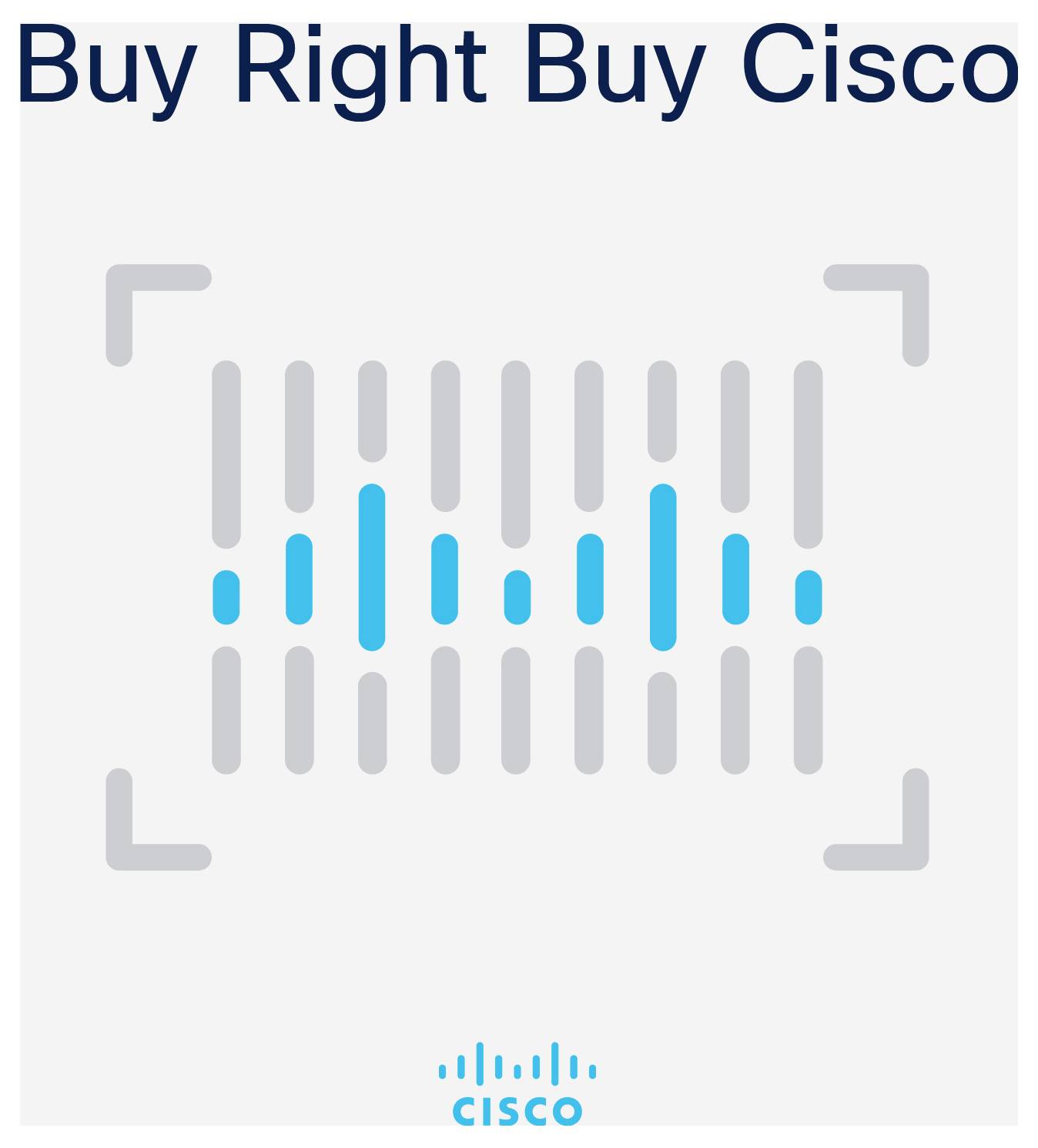„Kaufen Sie richtig, kaufen Sie Cisco" Text oben, mit Cisco-Logo und abstraktem Wellengrafik in der Mitte, zur Bewerbung von Cisco-Produkten.