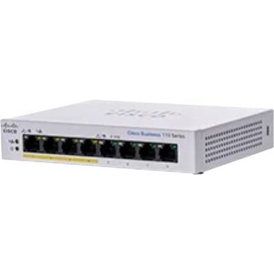 Ein Netzwerk-Switch mit acht Ethernet-Anschlüssen, Teil der Cisco 100-Serie, der zum Verbinden mehrerer Geräte in einem lokalen Netzwerk verwendet wird.