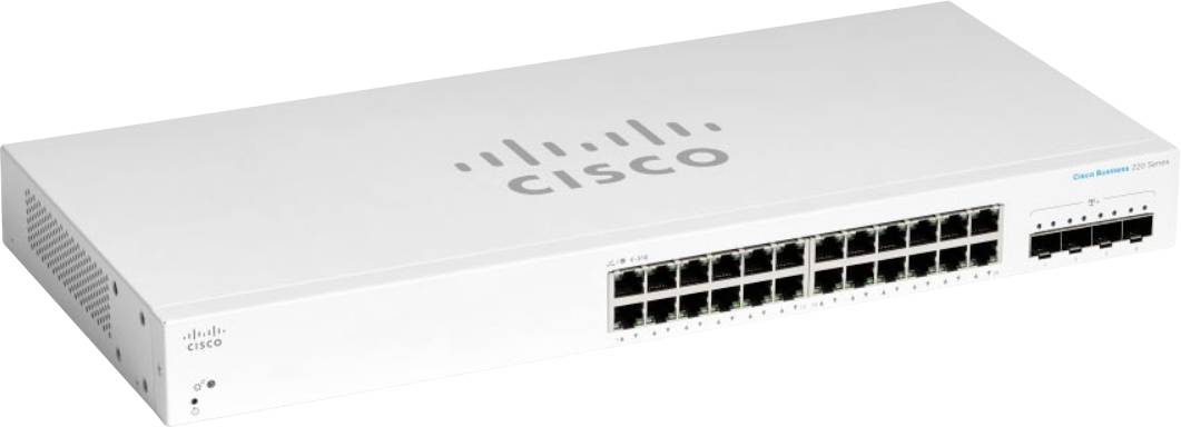 Ein schlanker, weißer Cisco-Netzwerk-Switch mit 24 Ethernet-Ports und 4 SFP-Ports, der zum Verbinden von Geräten in einem Netzwerk verwendet wird.