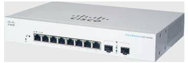 Der 'Cisco Business 220 Series' Netzwerk-Switch mit acht Ethernet-Anschlüssen und zwei zusätzlichen Anschlüssen, entwickelt für die Verwendung in kleinen Unternehmen.