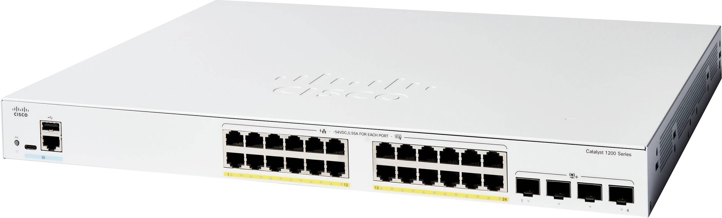 Ein Cisco Catalyst 9200 Serie Switch mit mehreren Ethernet-Ports, konzipiert für Netzwerkkonnektivität und Verwaltung in Geschäftsumgebungen.