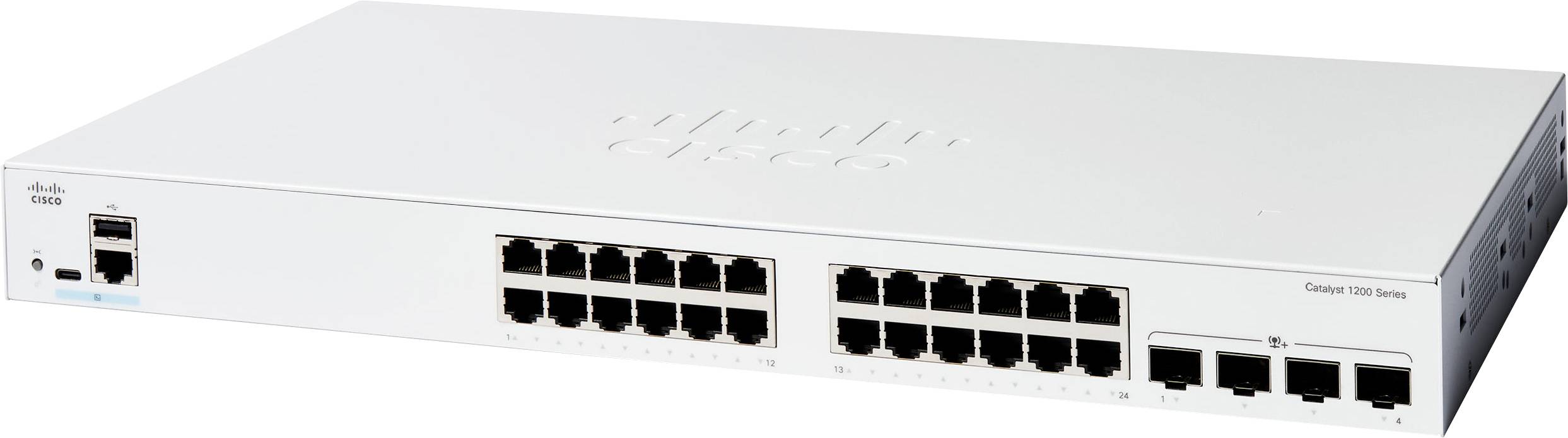 Ein weißer Cisco-Netzwerk-Switch mit 24 Ethernet-Anschlüssen und 2 Uplink-Anschlüssen, Modell Catalyst 1000 Serie.