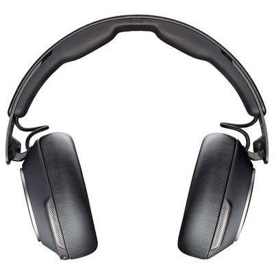 Ein Paar schwarze Over-Ear-Kopfhörer mit gepolsterten Ohrmuscheln und verstellbarem Kopfbügel, von vorne betrachtet.