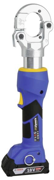 Ein blaues kabelloses hydraulisches Crimpwerkzeug mit schwarzem Griff und Befestigung an der Oberseite, gekennzeichnet mit „18V Li-ion". Konstruiert für Kabelverbindungen.