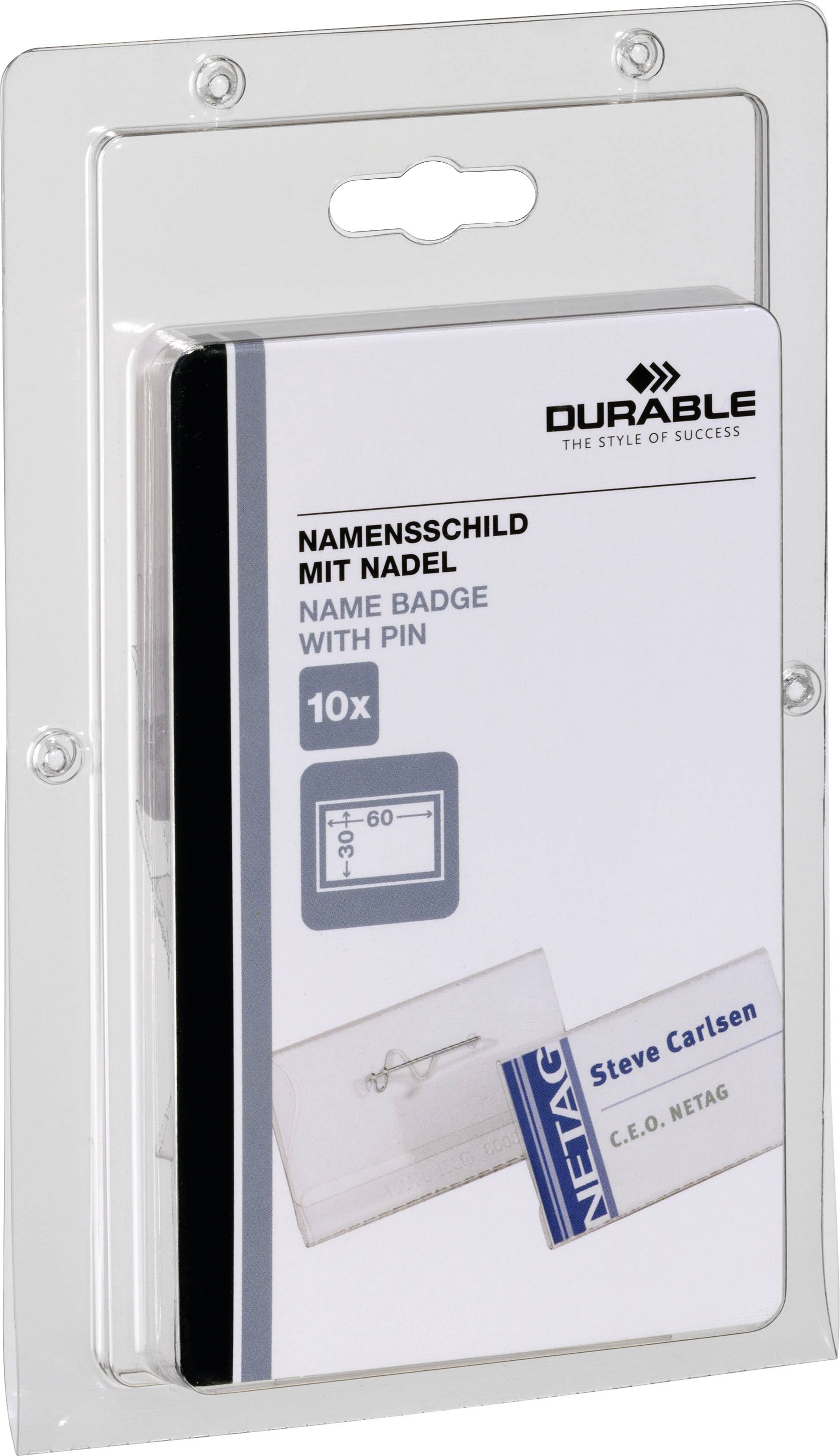 Durable 860619 Namensschild (B x H) 60 mm x 30 mm Sicherheitsnadel 10 St.