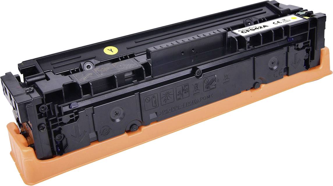 Schwarze Druckertonerkartusche mit orangefarbiger Schutzba sis, isoliert auf weißem Hintergrund dargestellt.