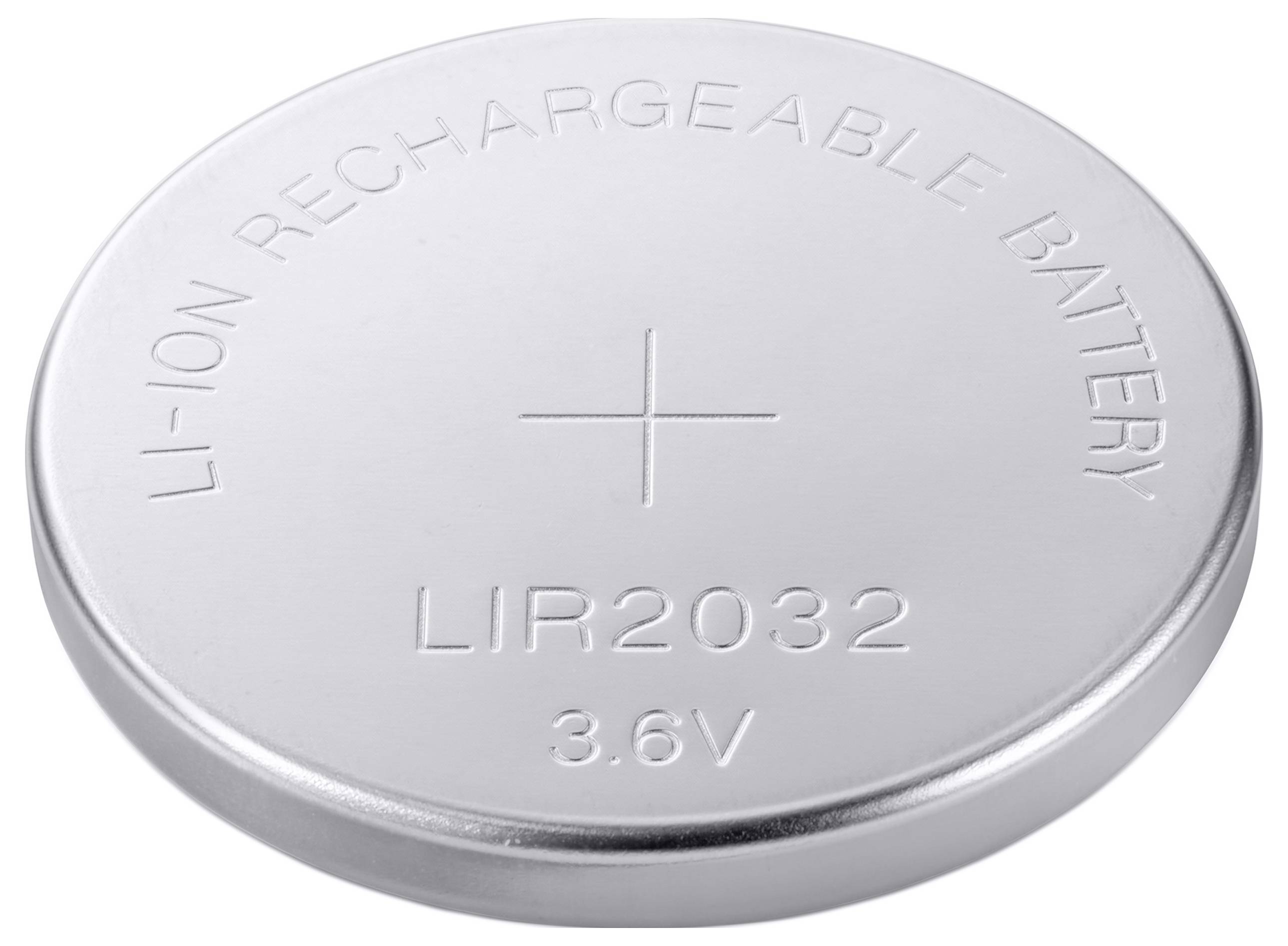 Silber-Lithium-Knopfzelle CR2032 mit der Beschriftung „LITHIUM RECHARGEABLE BATTERY", „LIR2032" und „3,6V" mit einem Pluszeichen auf der Oberseite.