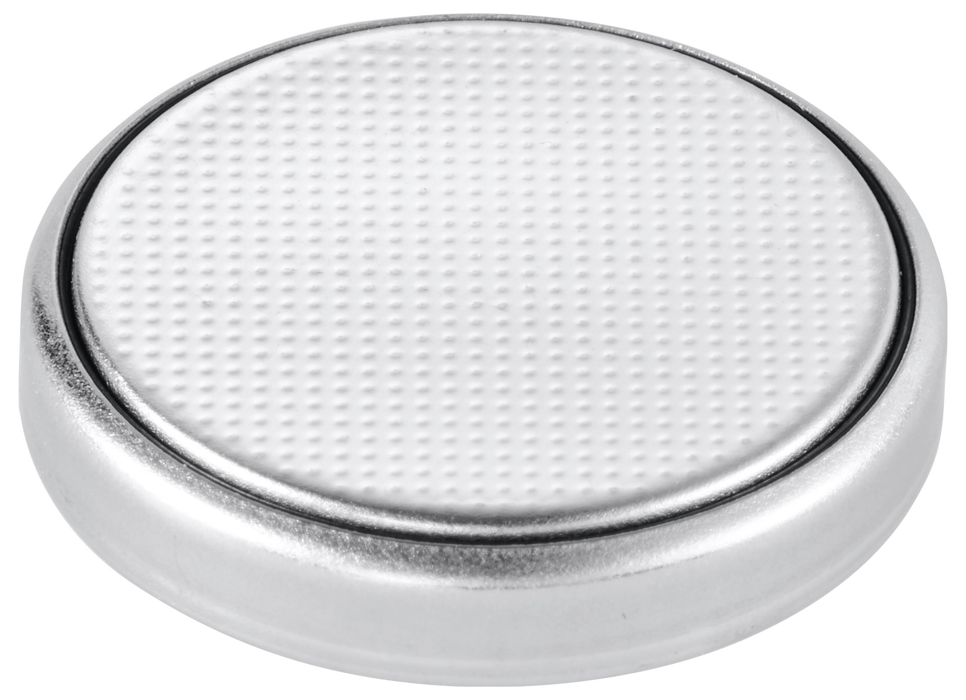 Nahaufnahme einer silbernen Knopfzellenbatterie mit strukturierter Oberseite und abgerundeten Metallseiten.