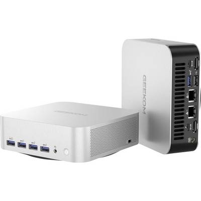 Zwei kompakte silberne Geekom Mini-PCs von vorne und hinten gezeigt, mit mehreren USB-Anschlüssen, Audiobuchse, Ethernet und sichtbarem Power-Button.