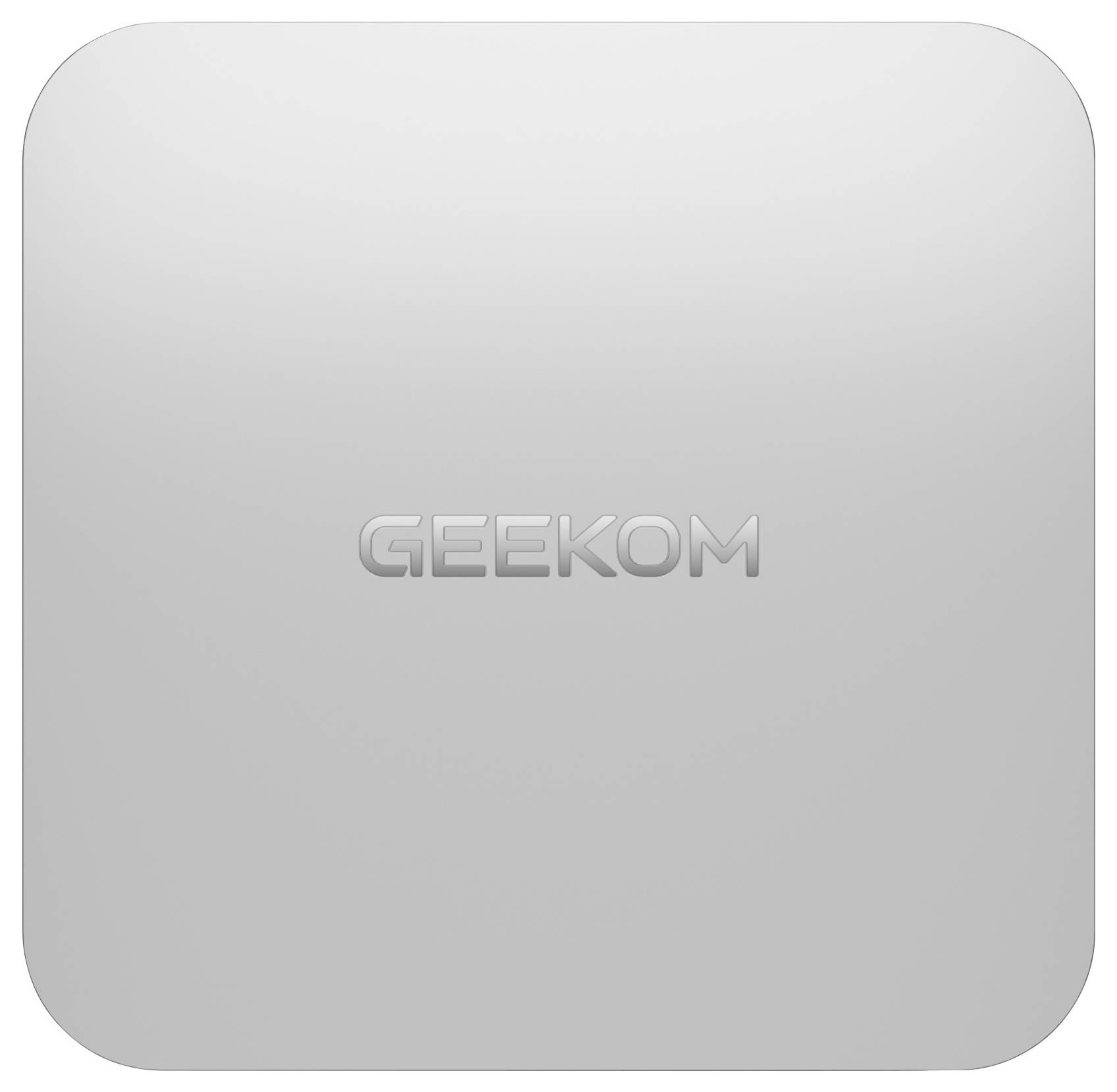 Graues abgerundetes Quadrat-Symbol mit erhabenem "GEEKOM"-Logo in der Mitte auf einfachem Hintergrund.