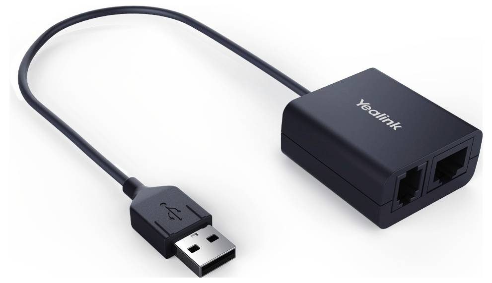 Ein USB-zu-Dual-Ethernet-Adapter von Yealink mit zwei Ethernet-Anschlüssen und einem USB-Stecker, konzipiert um Geräte mit einem Netzwerk zu verbinden.