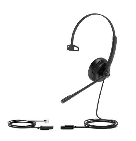 Ein leichtes, schwarzes Headset mit einer einzelnen Ohrmuschel und verstellbarem Mikrofon-Schwanenhals, ausgestattet mit einem Kabel mit Anschlüssen für die Audioeingabe.