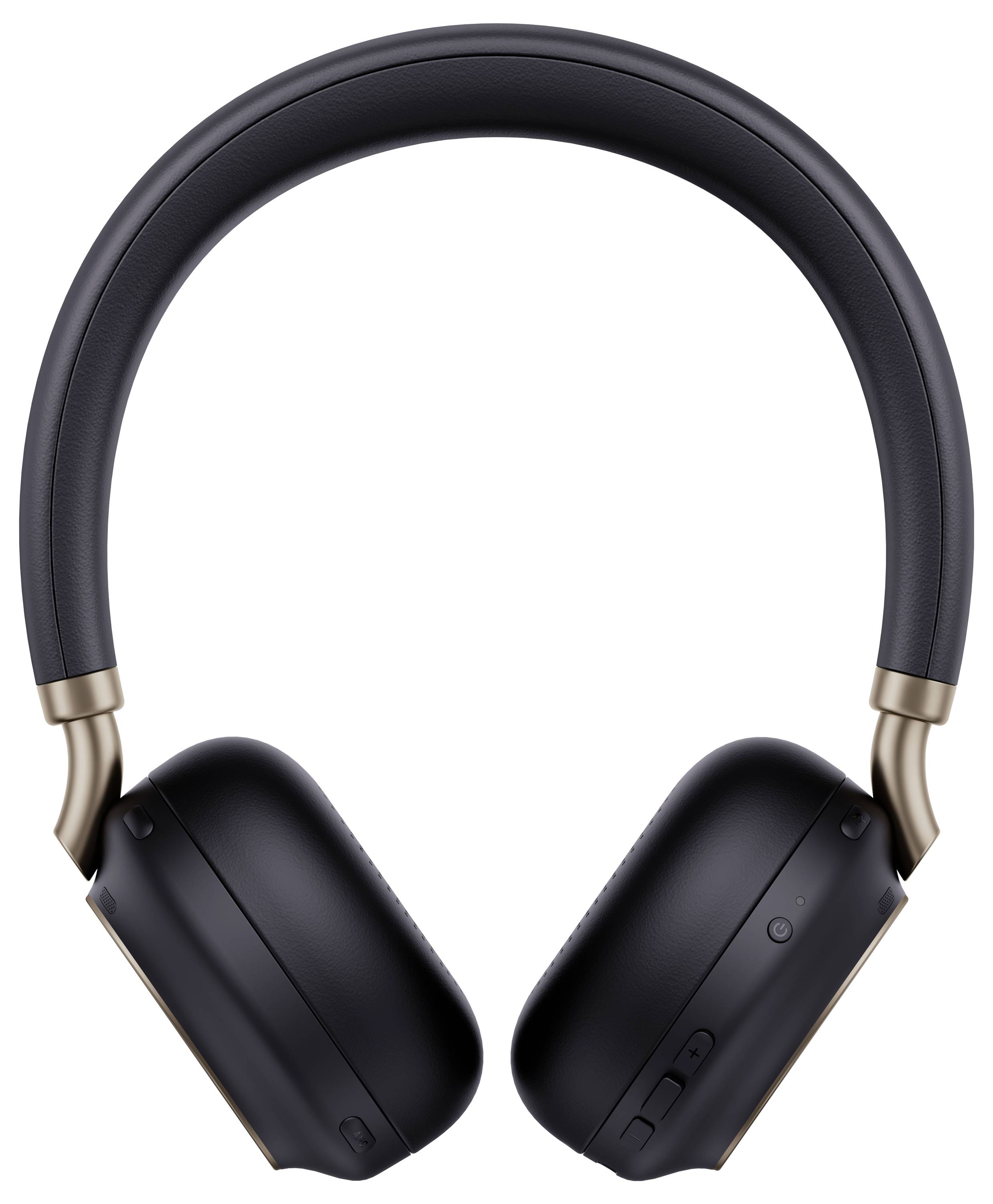 Schwarze Over-Ear-Kopfhörer mit schlankem Design, ausgestattet mit gepolsterten Ohrmuscheln und einem gepolsterten Kopfbügel, vor weißem Hintergrund dargestellt.